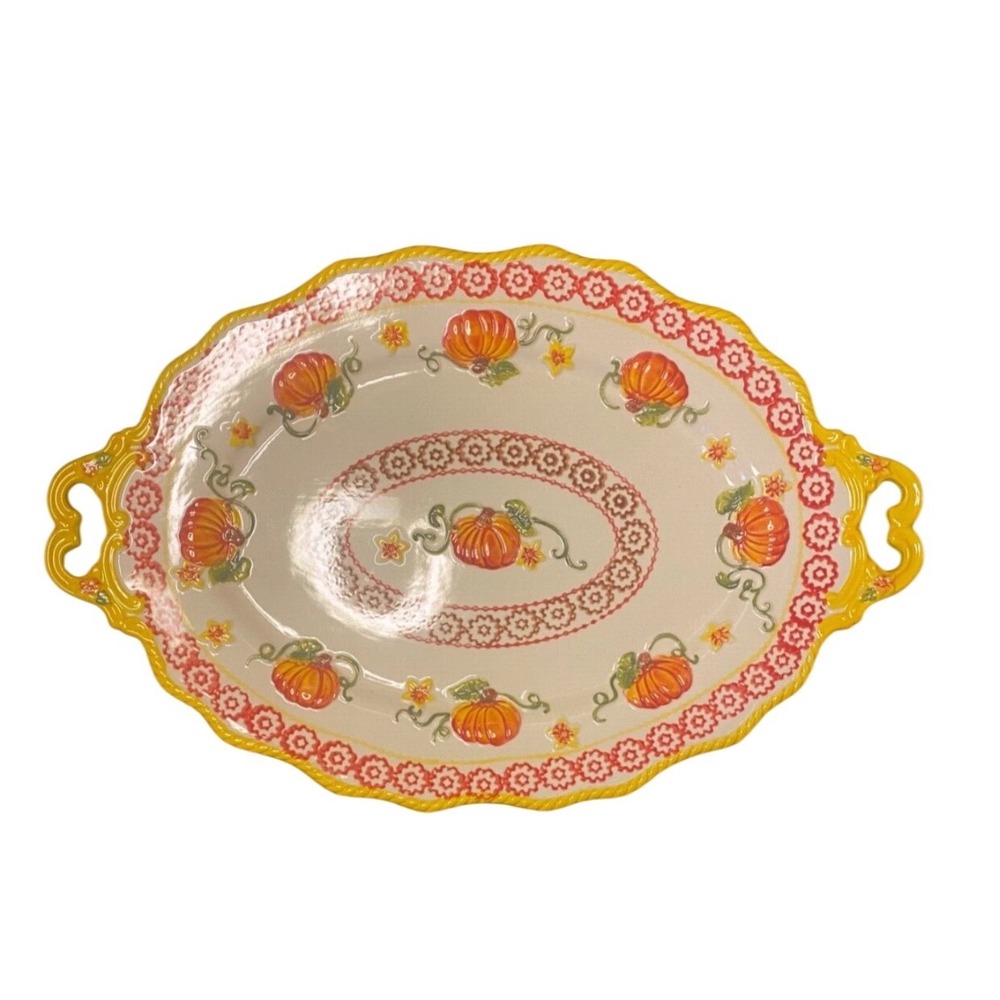 Temp-tations Old World Pumpkin Harvest Oval Serving Platter Scalloped Ceramic - Picture 2 of 4